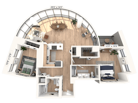 Floor plan for 2 beds, 2 baths, 1332 sqft
